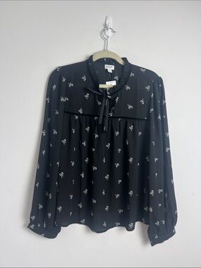 NEW J. Crew Large Black White Bow-Print Ruffle Velvet Trim Tie-Neck Blouse Top